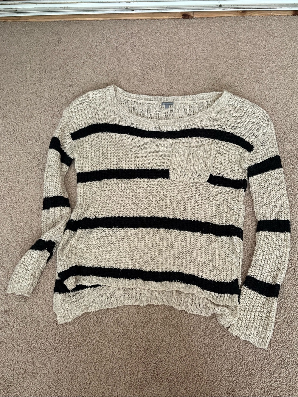 Charlotte Russe Cream & Black Striped Pocket Crewneck Sweater